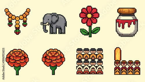 Pixel art icons of Thai cultural elements and symbols for digital design