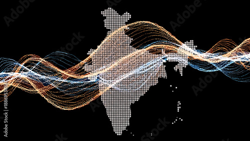 Abstract digital map of India with flowing light trails and data streams on black background
