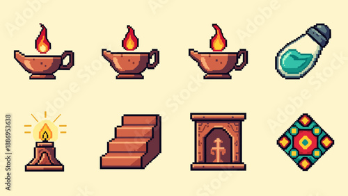 Pixel art collection of fantasy game assets including lamps, stairs, and potion bottle