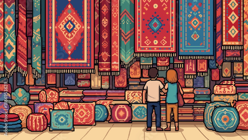 Couple admires colorful woven carpets and textiles in a vibrant marketplace stall