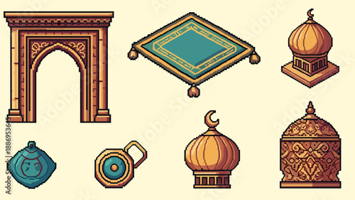 Pixel art collection of Islamic architectural elements and decorative items