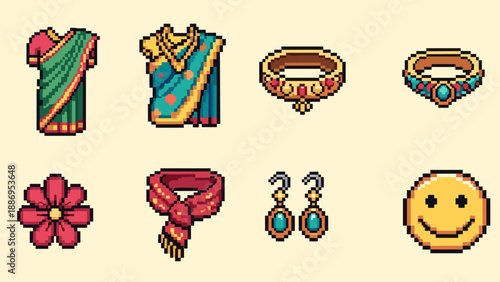 Pixel art collection of Indian traditional clothing and jewelry icons