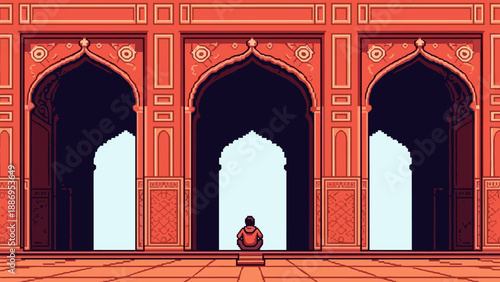Pixel art of a lone figure sitting in front of grand arches in an ancient Indian monument