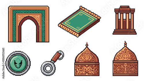 Collection of pixel art elements inspired by Islamic architecture and culture