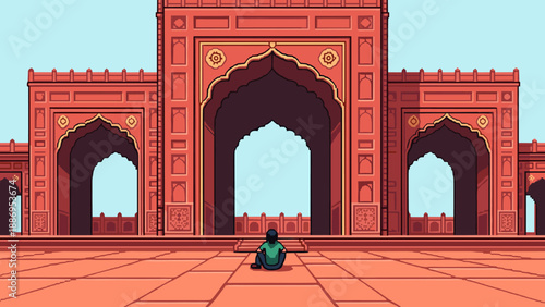 Pixel art illustration of a person sitting in front of a grand Indian architectural monument
