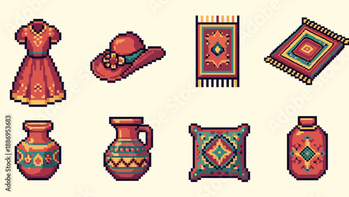 Pixel art collection of traditional ethnic items and clothing with intricate patterns