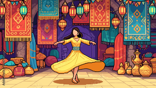 Pixel art woman in yellow dress dancing in a vibrant Middle Eastern bazaar