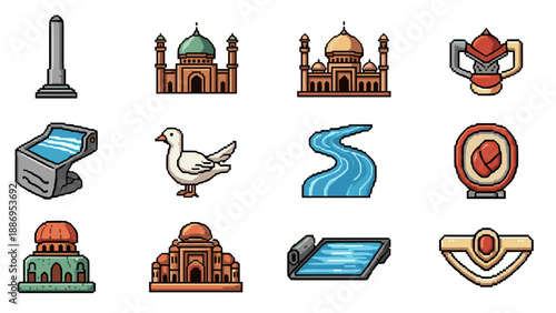 Pixel art icons of famous landmarks, nature, and cultural symbols