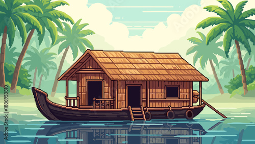 Pixel art houseboat floats serenely on calm water surrounded by lush palm trees