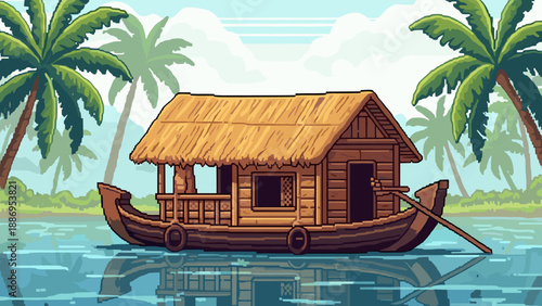 Pixel art houseboat with thatched roof floats on calm water surrounded by palm trees