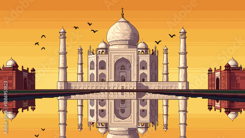 Pixel art Taj Mahal reflected in water at sunset with birds flying