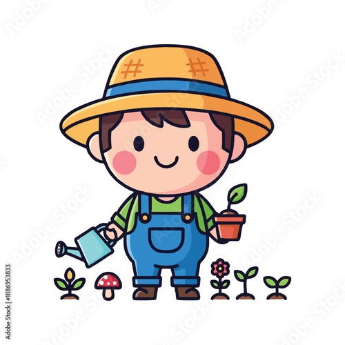 Adorable young farmer watering his small plants and growing flowers