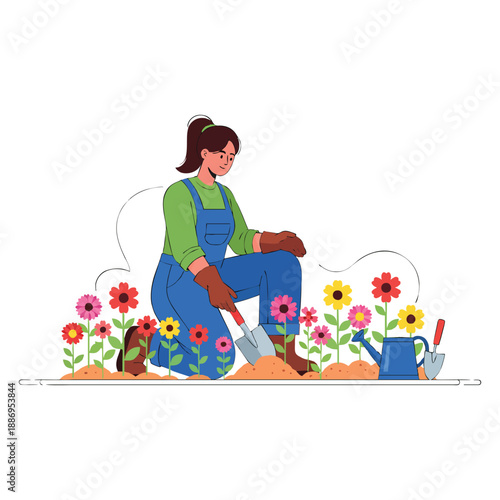 A joyful woman diligently working in her beautiful vibrant flower garden