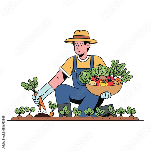 A happy farmer harvesting fresh organic vegetables from the garden