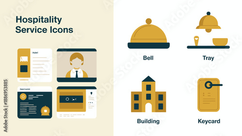 a collection of hospitality service icons is visually presented depicting elements like a keycard bell building tray and reception services high quality professional detailed modern elegant