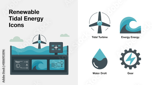 this image showcases a collection of icons representing renewable tidal energy sources and related components including turbines and water dynamics high quality professional detailed modern elegant