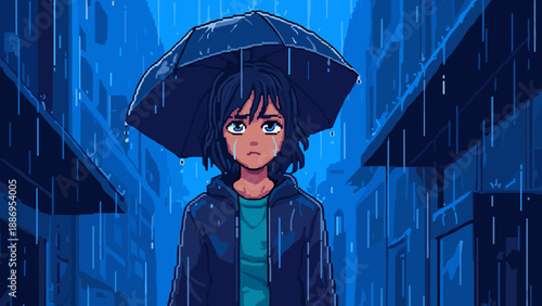 Sad pixel art character holding an umbrella in the pouring rain on a city street