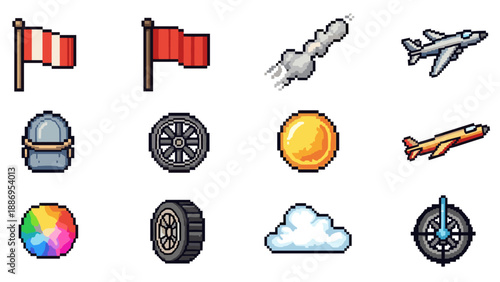 Collection of pixel art icons featuring transportation, weather, and objects