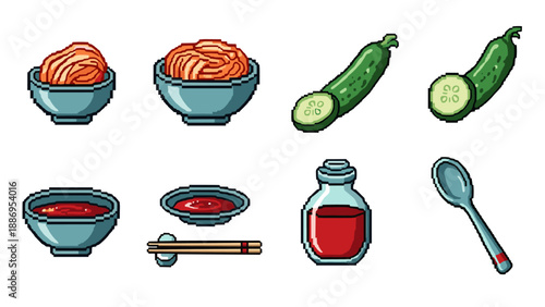 Pixel art collection of Korean food ingredients and utensils for cooking