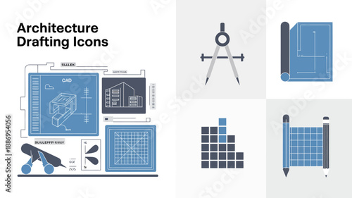 this image displays a collection of architectural drafting icons including a compass blueprint pencil and various technical drawing tools high quality professional detailed modern elegant stylish