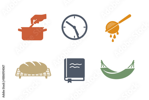 Six slow living icons: cooking, time, straining, bread, book, hammock