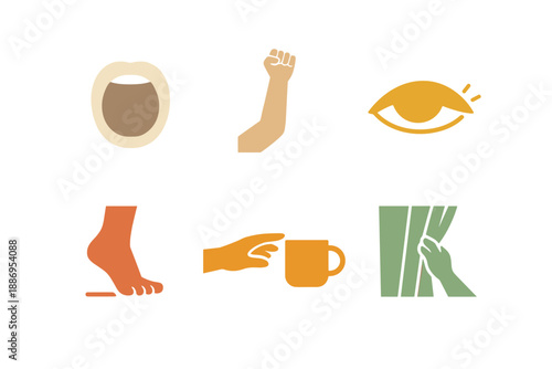 Set of six icons representing waking up actions in flat design