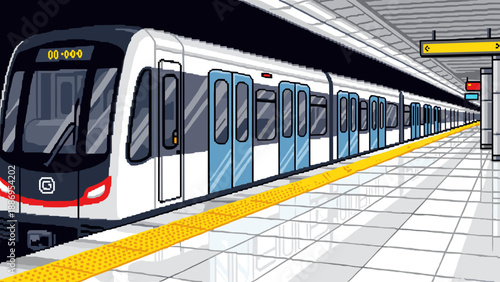 Modern pixel art subway train waiting at a station platform with yellow tactile paving