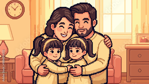 Pixel art family of four hugging warmly in a cozy living room setting