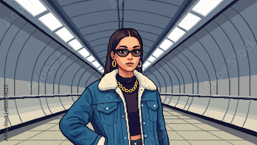 Pixel art woman in denim jacket and sunglasses standing in a modern tunnel