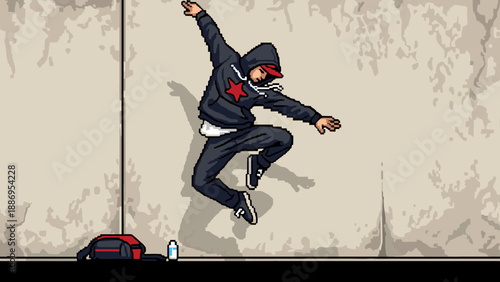 Pixel art dancer in mid-air performing a dynamic jump against a textured wall
