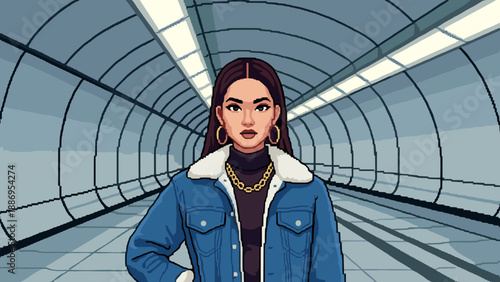 Pixel art woman in denim jacket and gold chain necklace standing in a subway tunnel