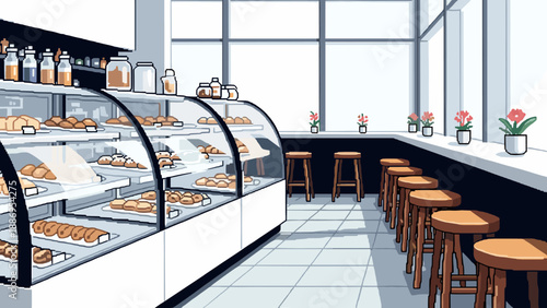 Pixel art bakery interior with display cases full of pastries and seating area