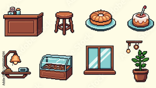 Pixel art collection of cafe interior elements and sweet treats