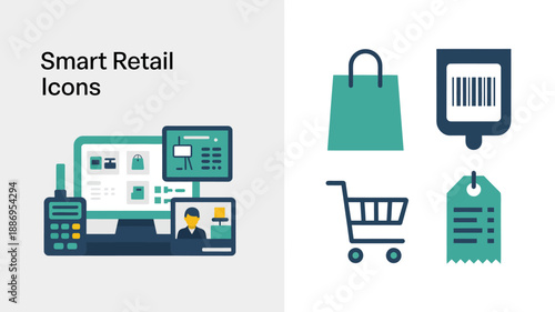 Illustrative depiction of smart retail icons featuring a pos system shopping bag barcode scanner trolley and price tag high quality professional detailed modern elegant stylish clean