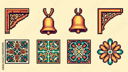 Pixel art decorative elements including ornate brackets, bells, and floral tiles