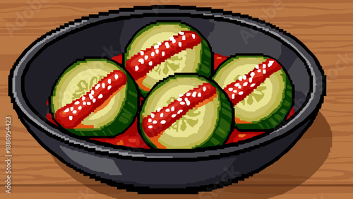 Pixel art of cucumber slices with chili sauce and sesame seeds in a bowl