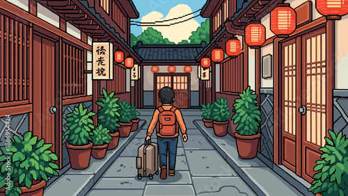 Person with suitcase walking down a traditional Asian street with lanterns and potted plants
