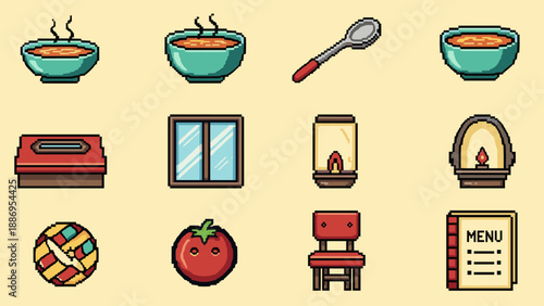 Pixel art icons for food, home, and dining, featuring soup, tomato, and menu