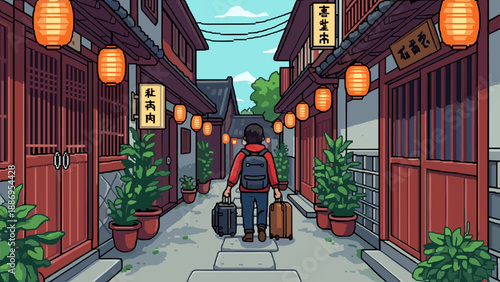 Traveler with luggage walks down a traditional Asian street with lanterns and shops