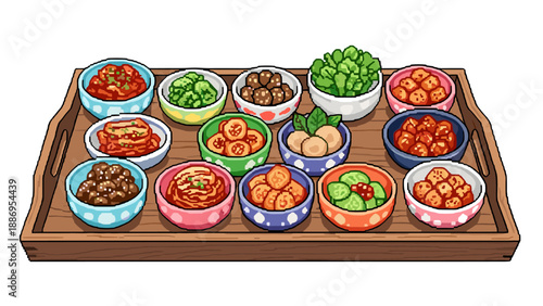 Assortment of Korean banchan side dishes served in colorful bowls on a wooden tray