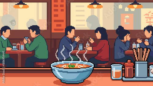 Pixel art scene of people eating ramen in a cozy restaurant with steaming bowls