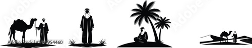 Collection of black silhouettes depicting Arab Bedouin life, man with camel, person under palm tree, and desert travel scenes, isolated vector illustration set