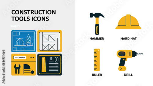 a collection of illustrated construction tools including a hammer hard hat blueprints drill ruler and safety equipment displayed in a graphic design high quality professional detailed
