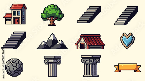 Collection of pixel art game assets including houses, trees, stairs, mountains, and shields
