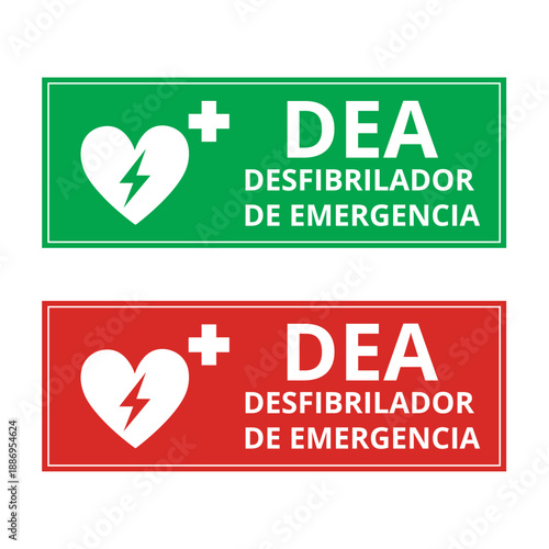 Green and red DEA desfibrilador de emergencia sign isolated on a white background (trad. AED emergency defibrillator)