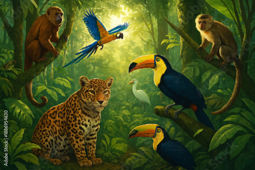 Vibrant Jungle Scene with Jaguar Monkeys and Exotic Birds