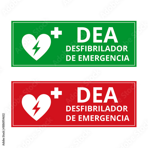 Green and red DEA desfibrilador de emergencia sign isolated on a white background (trad. AED emergency defibrillator)