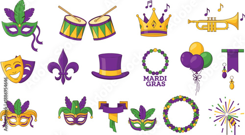 Collection of colorful Mardi Gras carnival icons including party masks, drums, crowns and beads in purple green and gold for festival celebration vector design.
