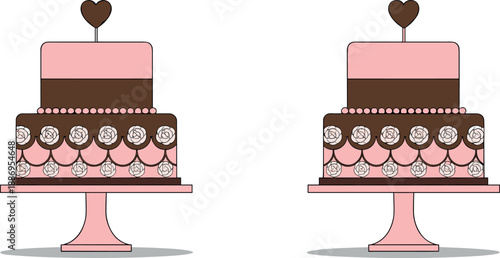 Vector illustration set featuring two identical chocolate and pink tiered celebration cakes on stands with heart shaped toppers