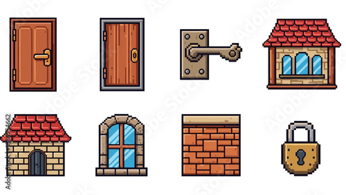 Pixel art collection of doors, windows, and building elements for games